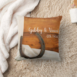 Horseshoe and White Satin Country Barn Wedding Throw Pillow