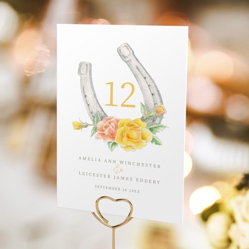 Horseshoe and yellow coral roses monogram  table number