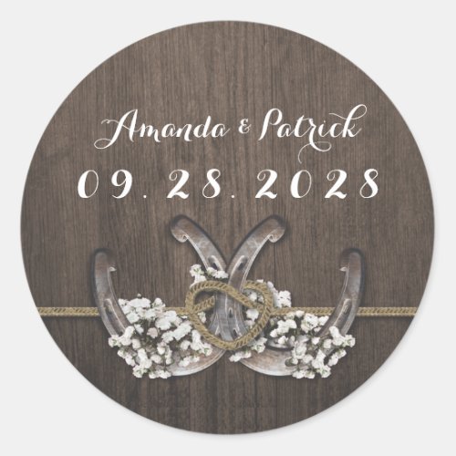 Horseshoe Babys Breath Rustic Wedding Favor Classic Round Sticker