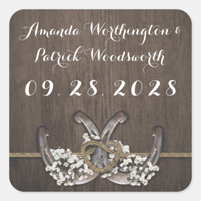 Horseshoe Baby's Breath Rustic Wedding Favor Square Sticker (Front)
