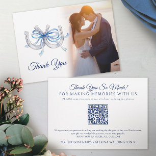 Horseshoe blue watercolor wedding Photos QR Code Thank You Card