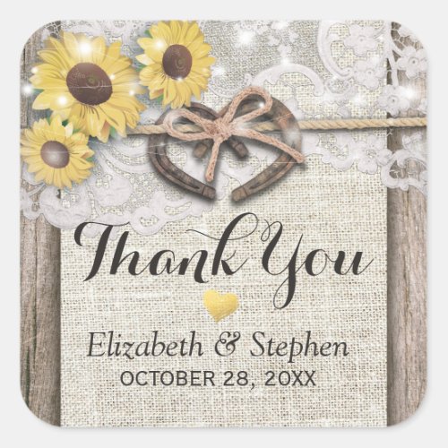 Horseshoe Burlap Lace Sunflowers Wedding Thank You Square Sticker