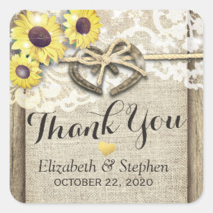 Horseshoe Burlap Lace Sunflowers Wedding Thank You Square Sticker