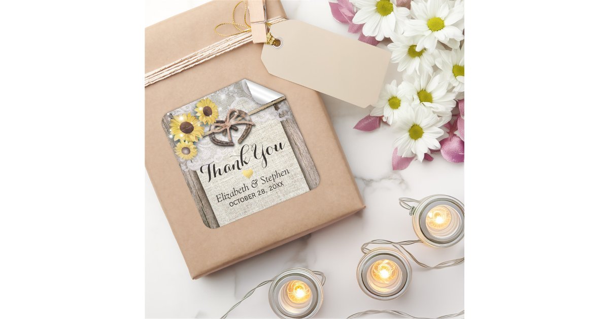 Horseshoe Burlap Lace Sunflowers Wedding Thank You Square Sticker | Zazzle