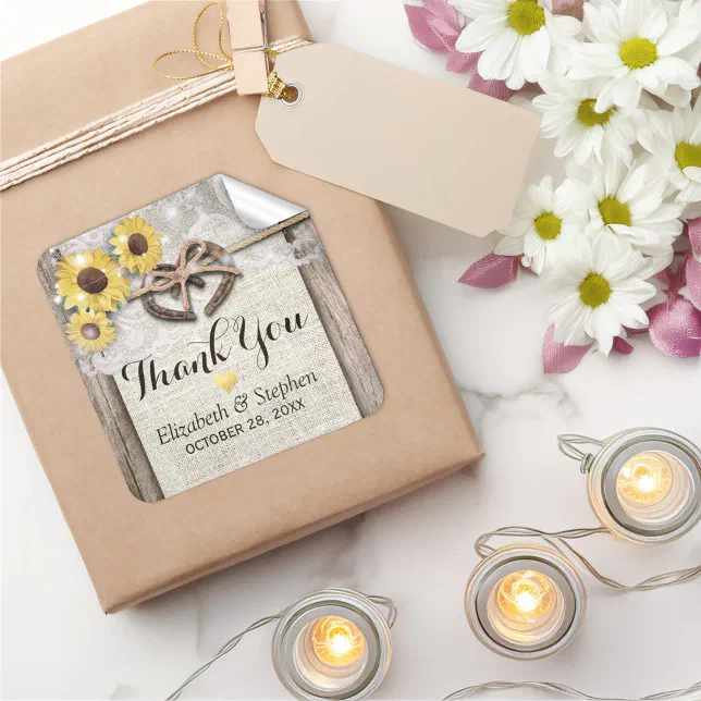 Horseshoe Burlap Lace Sunflowers Wedding Thank You Square Sticker | Zazzle