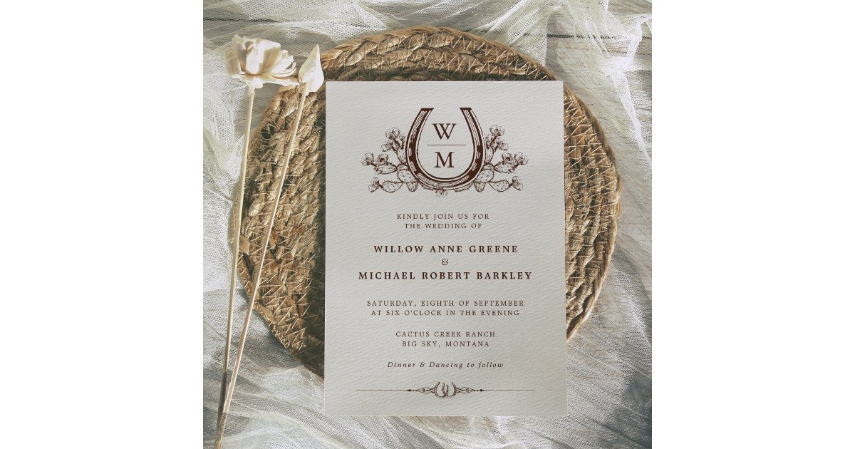 Horseshoe Cactus Western Country Boho Wedding  Inv Invitation