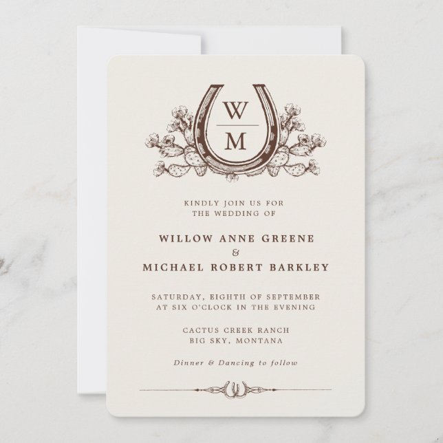Horseshoe Cactus Western Country Boho Wedding  Inv Invitation