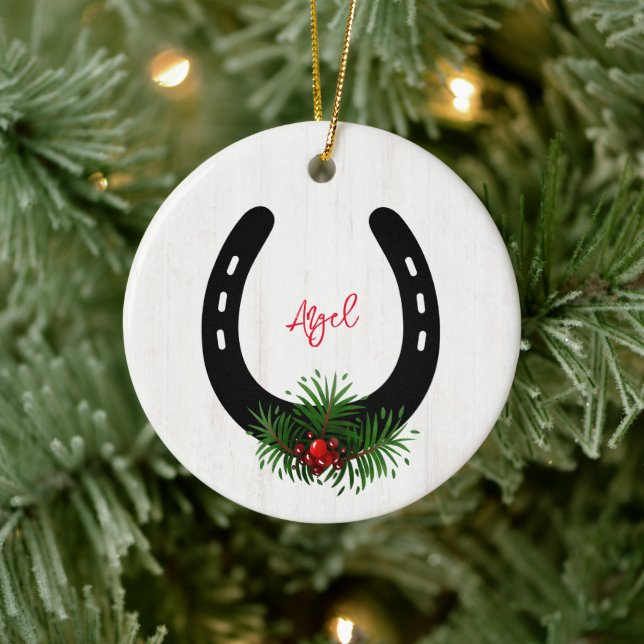 Horseshoe Christmas Greens Horse PHOTO NAME Barn Ceramic Ornament (Tree)