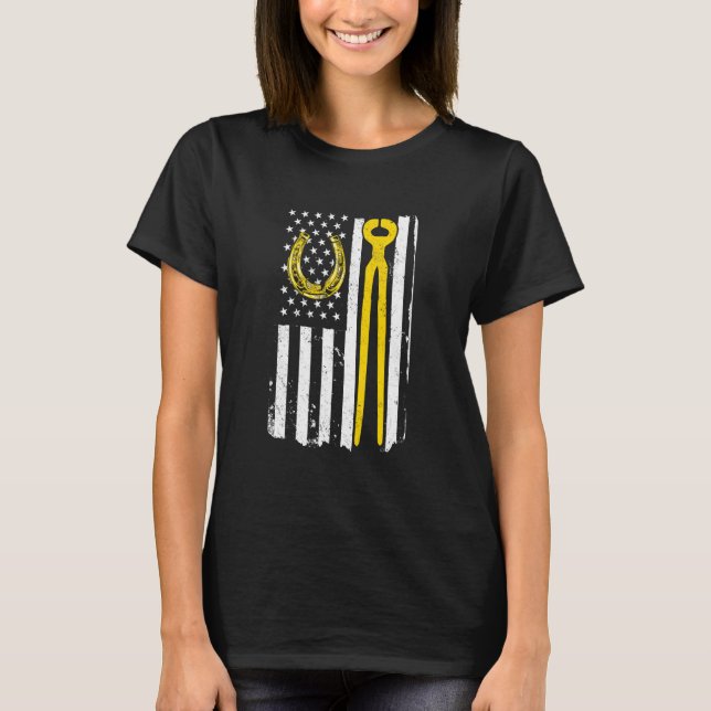 Horseshoe Ferrier Horse  Us Flag American Independ T-Shirt (Front)