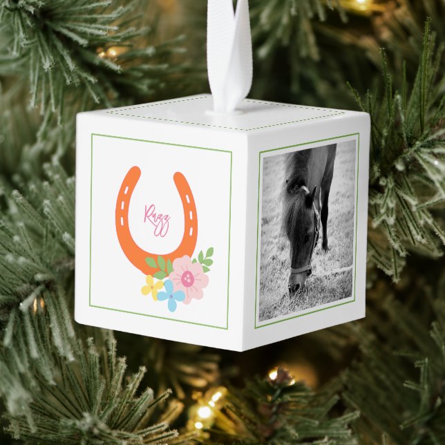 Horseshoe Flowers NAME Horse PHOTOS Keepsake Cube Ornament (Tree)