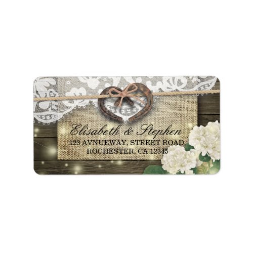 Horseshoe Haert Lace Hydrangea Rustic Wood Wedding Label
