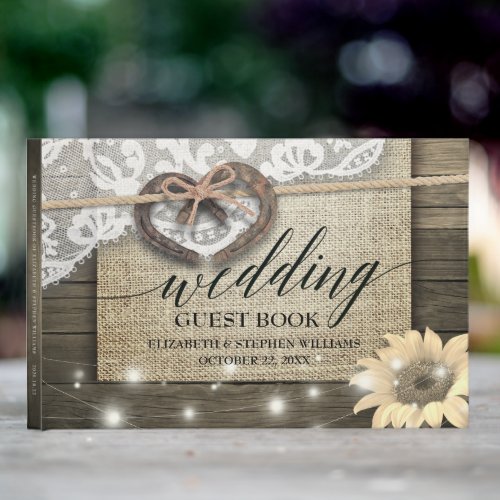 Horseshoe Heart Lace Sunflower Wood Wedding Shower Guest Book