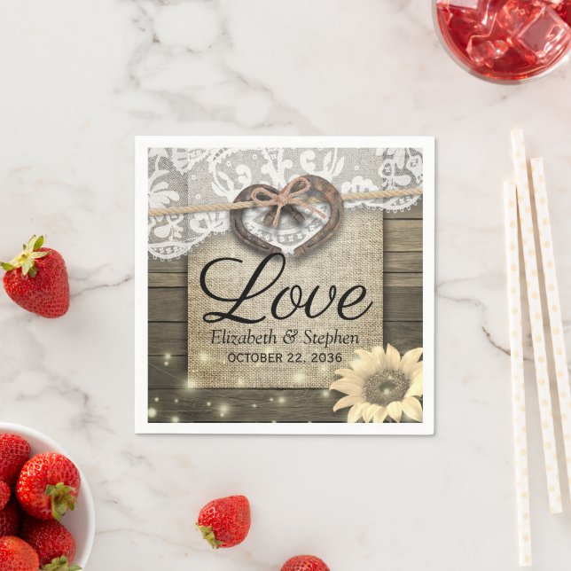 Horseshoe Heart Lace Sunflower Wood Wedding Shower Napkins (Insitu)