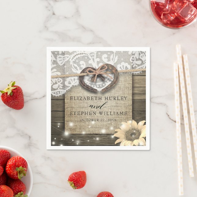 Horseshoe Heart Lace Sunflower Wood Wedding Shower Napkins (Insitu)