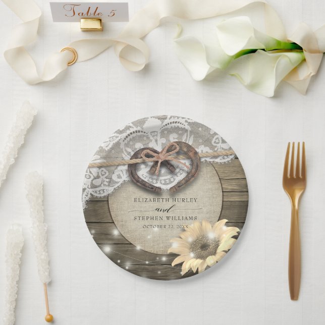 Horseshoe Heart Lace Sunflower Wood Wedding Shower Paper Plates (Wedding)