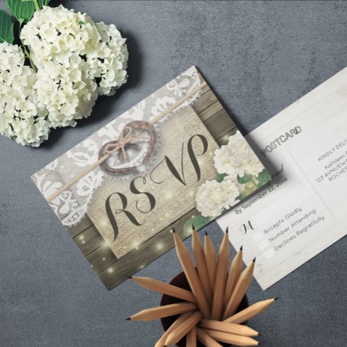 Horseshoe Hydrangea Wood Wedding RSVP Kindly Reply Invitation Postcard