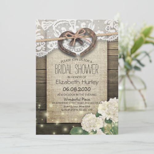Horseshoe Lace Burlap Hydrangea Wood Bridal Shower Invitation