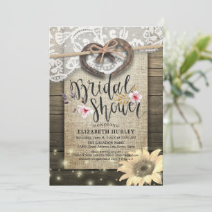 Horseshoe Lace Burlap Sunflower Wood Bridal Shower Invitation
