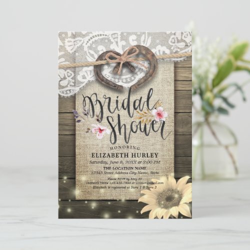 Horseshoe Lace Burlap Sunflower Wood Bridal Shower Invitation
