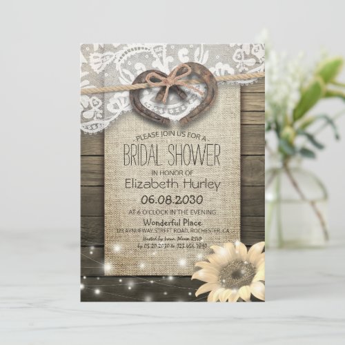 Horseshoe Lace Burlap Sunflower Wood Bridal Shower Invitation