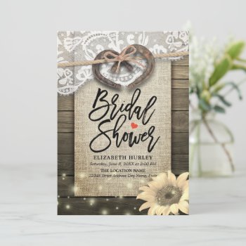 Horseshoe Lace Burlap Sunflower Wood Bridal Shower Invitation by ReadyCardCard at Zazzle