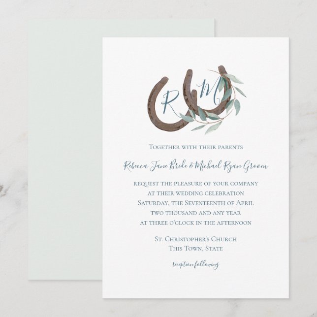 Horseshoe Monogram Sage Botanical Watercolor Invitation (Front/Back)
