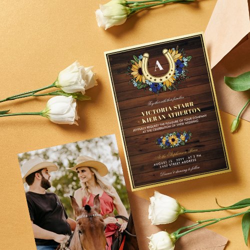 Horseshoe Monogram Sunflowers Blue Wood Wedding Foil Invitation