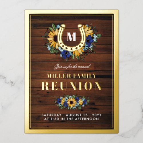 Horseshoe Monogram Sunflowers Wood Family Reunion Foil Invitation Postcard