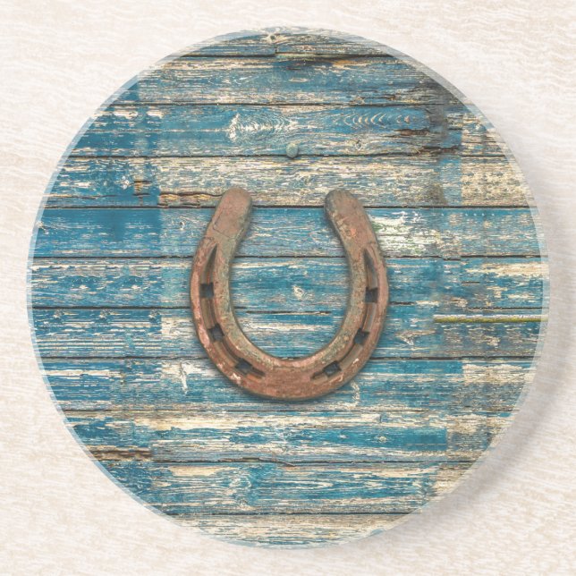 Horseshoe on Blue Wooden Boards Coaster (Front)