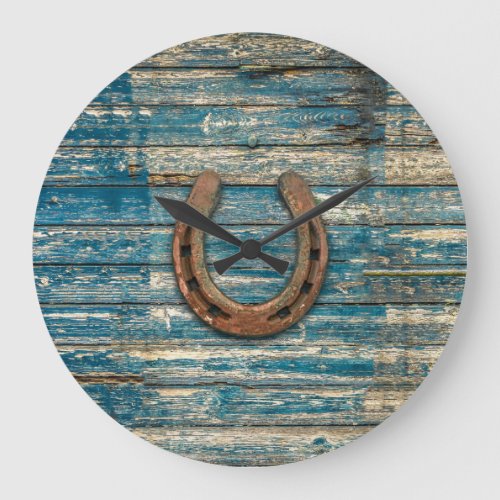 Horseshoe on Blue Wooden Boards Large Clock