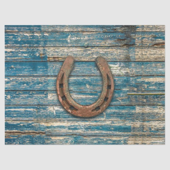 Horseshoe on Blue Wooden Boards Tissue Paper (Front)