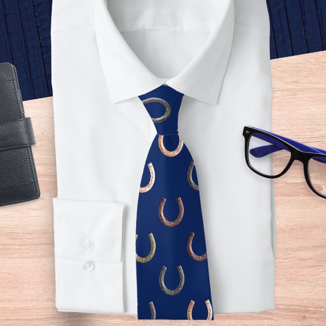 Horseshoe Pattern Equestrian Horse Rider Blue Neck Tie (A blue tie with pattern of horseshoes, ideal for horse lovers)