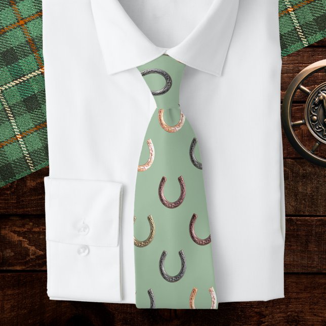 Horseshoe Pattern Equestrian Horse Rider Neck Tie (A stylish light green tie with horseshoes pattern, ideal for horse riding enthusiasts)