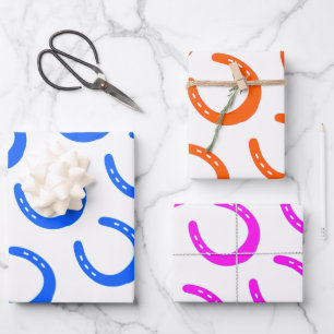 Horseshoe Patterns Blue Orange Pink Horse Barn Fun Wrapping Paper Sheets