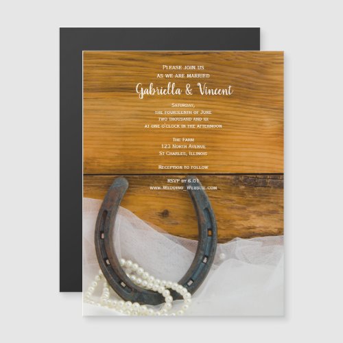 Horseshoe Pearls and Barn Wood Country Wedding Magnetic Invitation