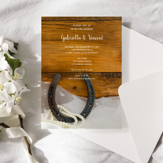 Horseshoe, Pearls and Barn Wood Western Wedding Invitation