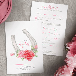 Horseshoe roses watercolor gray red pink wedding RSVP card