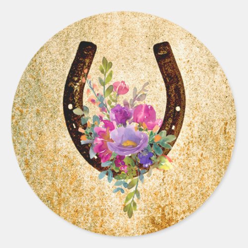 Horseshoe Rustic Watercolor Floral Good Luck  Classic Round Sticker