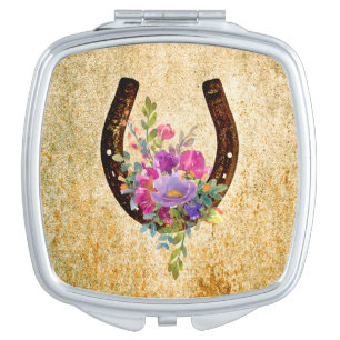 Horseshoe Rustic Watercolor Floral Good Luck Compact Mirror