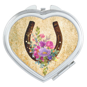 Horseshoe Rustic Watercolor Floral Good Luck Compact Mirror