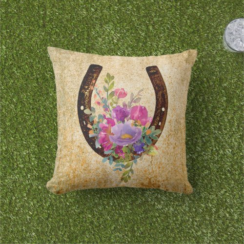 Horseshoe Rustic Watercolor Floral Good Luck  Outdoor Pillow