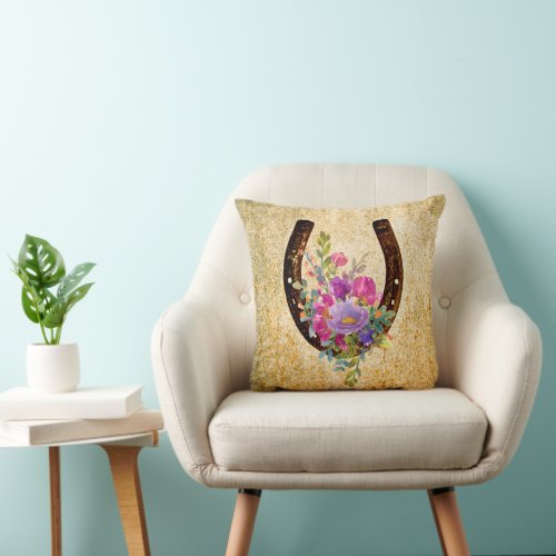 Horseshoe Rustic Watercolor Floral Good Luck  Throw Pillow