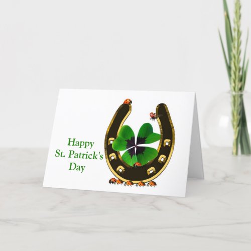 Horseshoe Shamrock Ladybugs St Patricks Day Holiday Card