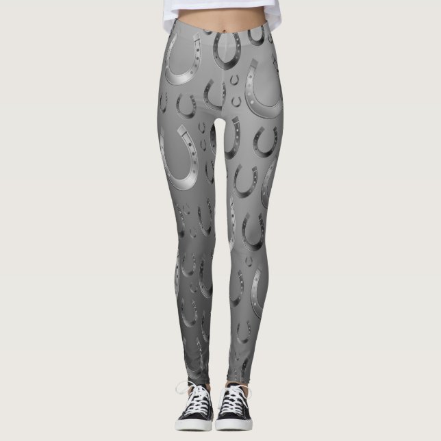 horseshoe, silver, pattern gray, luck, pattern,gre leggings (Front)