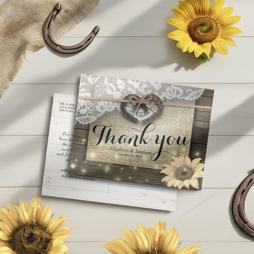 Horseshoe Sunflower Country Wood Wedding Thank You Postcard