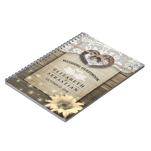 Horseshoe Sunflower Wood Country Wedding Guestbook Notebook