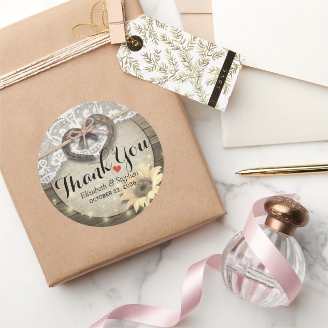 Horseshoe Sunflower Wood Country Wedding Thank You Classic Round Sticker (Gifting)