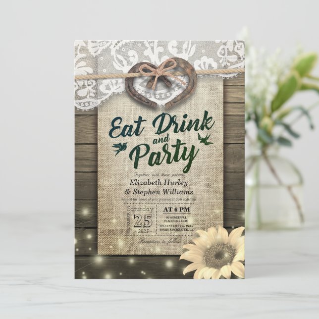 Horseshoe Sunflower Wood EAT Drink & Party Wedding Invitation (Standing Front)