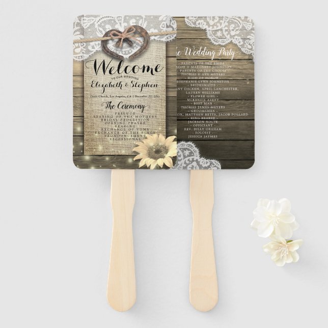 Horseshoe Sunflower Wood Wedding Programs Hand Fan (Front and Back)