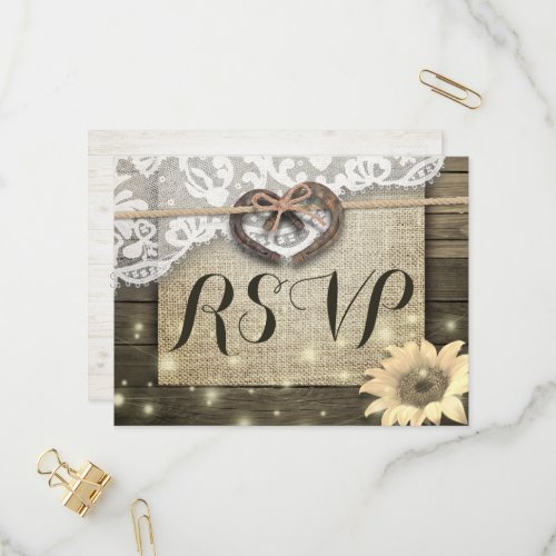 Horseshoe Sunflower Wood Wedding RSVP Kindly Reply Invitation Postcard